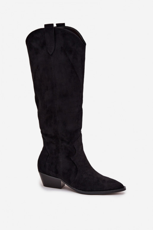 Knee-high boots faux suede cowboy style with heels black Jenaya
