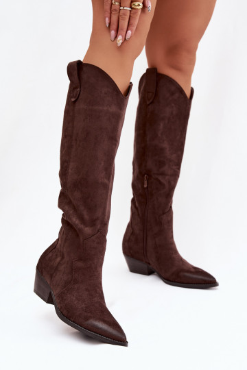 Knee-high boots faux suede cowboy style with heels chocolate Jenaya 2
