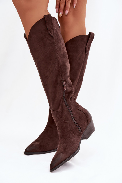Knee-high boots faux suede cowboy style with heels chocolate Jenaya
