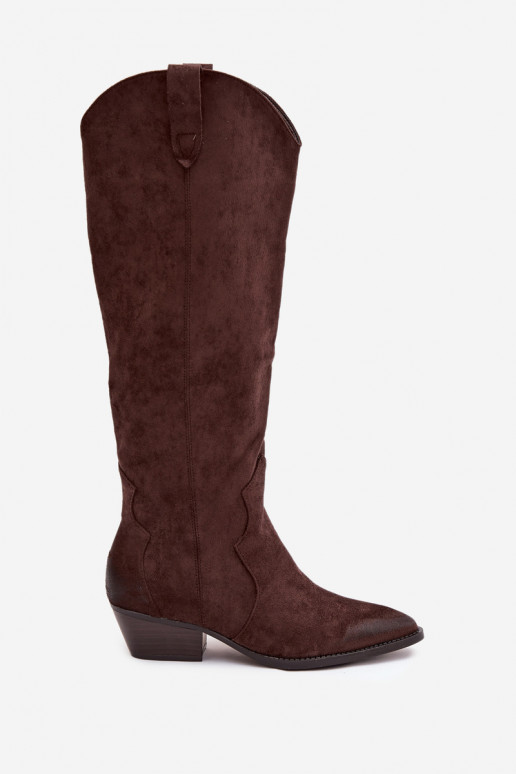 Knee-high boots faux suede cowboy style with heels chocolate Jenaya
