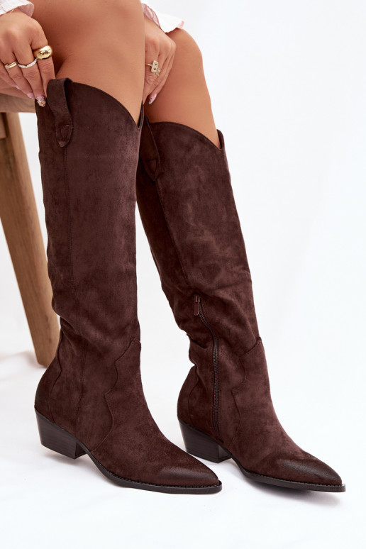 Knee-high boots faux suede cowboy style with heels chocolate Jenaya