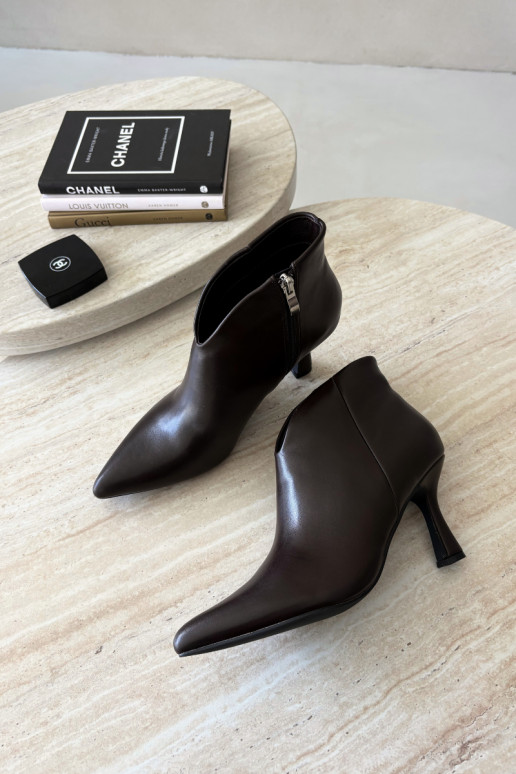 Women's ankle boots on a slim heel with pointed toe in dark brown color Bessia