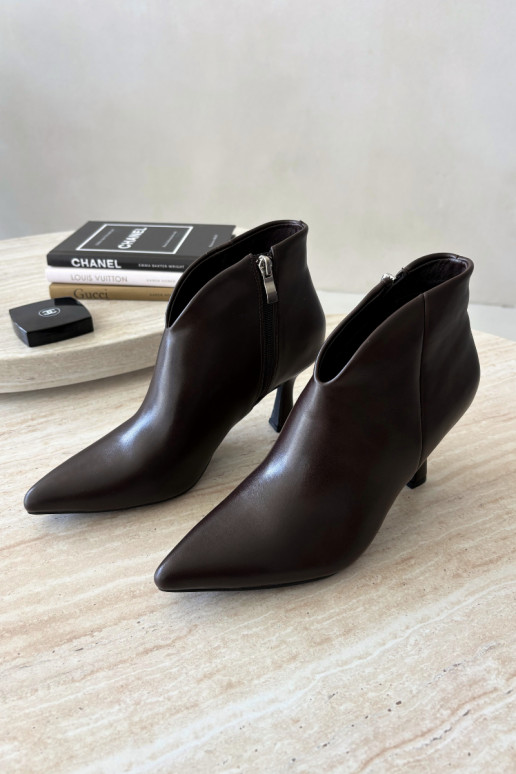 Women's ankle boots on a slim heel with pointed toe in dark brown color Bessia