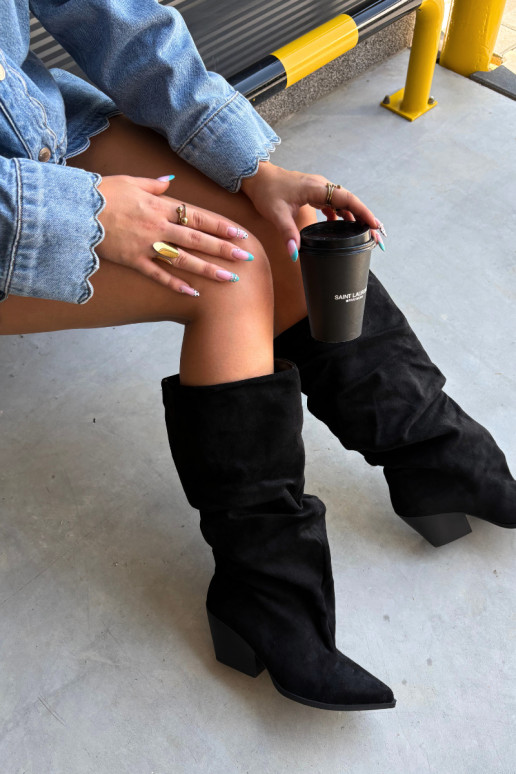 Women's over-the-knee boots with a curved upper part and heels made of suede in black color Durela