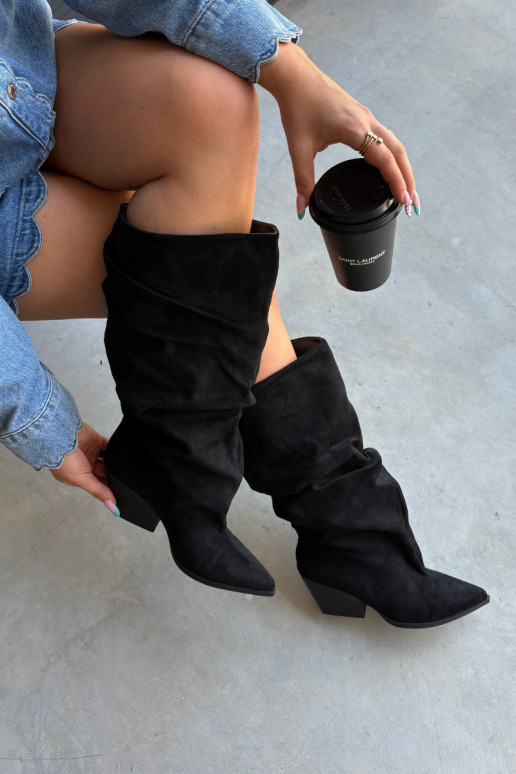Women's over-the-knee boots with a curved upper part and heels made of suede in black color Durela