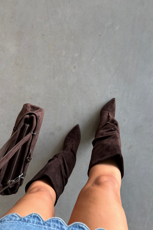 Women's over-the-knee boots with a curved upper part and heels made of suede in chocolate color Durela