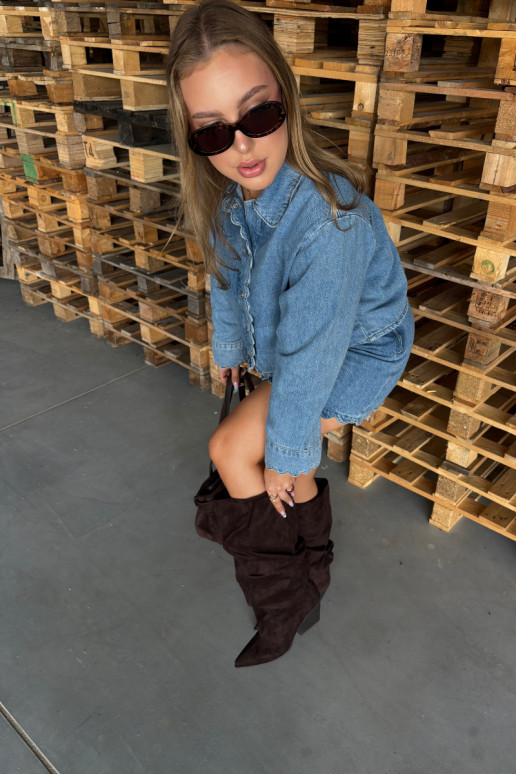 Women's over-the-knee boots with a curved upper part and heels made of suede in chocolate color Durela