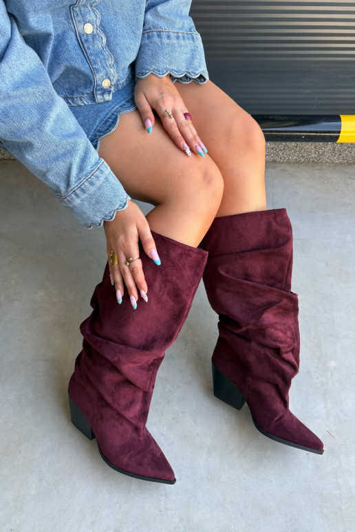 Women's over-the-knee boots with a curved upper part and heels made of suede in burgundy color Durela