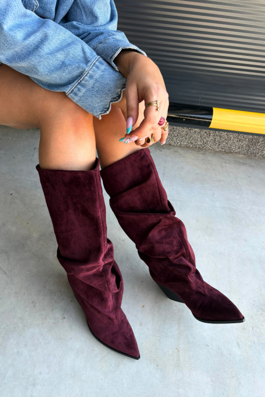 Women's over-the-knee boots with a curved upper part and heels made of suede in burgundy color Durela