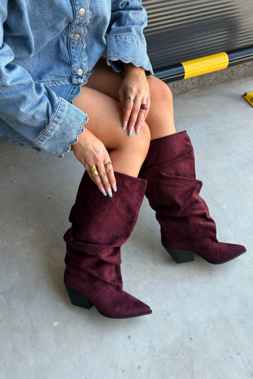 Women's over-the-knee boots with a curved upper part and heels made of suede in burgundy color Durela