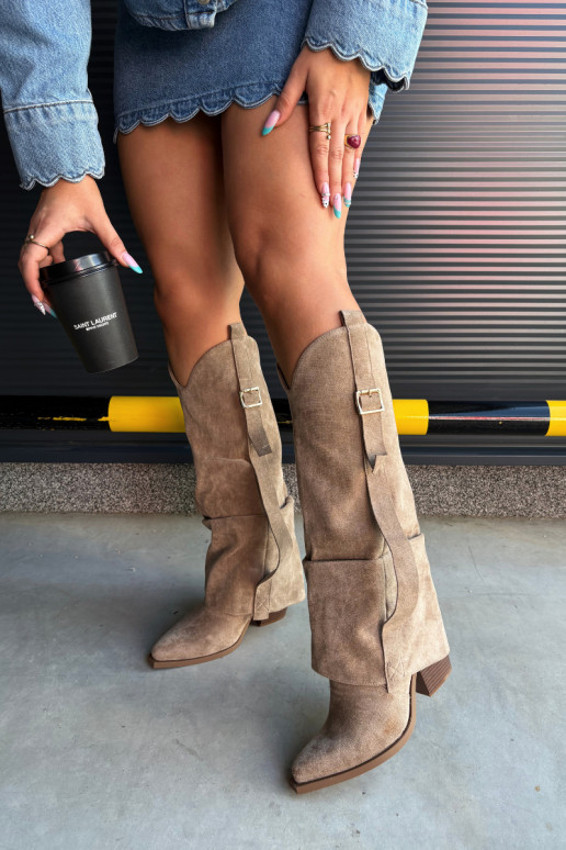 Women's over-the-knee boots with heels and ruffles and buckles in sand color Caster