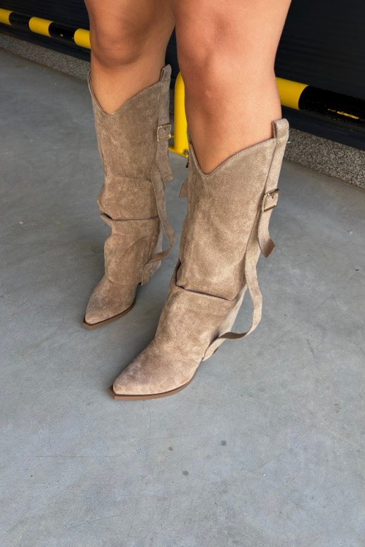 Women's over-the-knee boots with heels and ruffles and buckles in sand color Caster