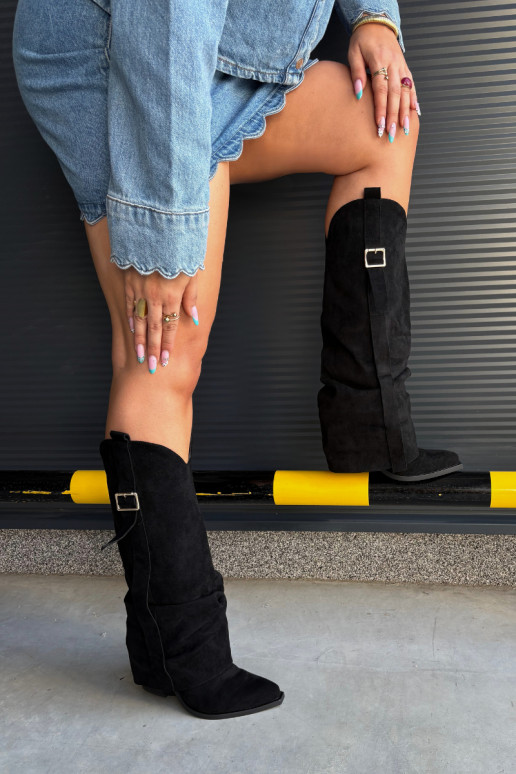 Black women's knee-high boots with heels and buckles Caster
