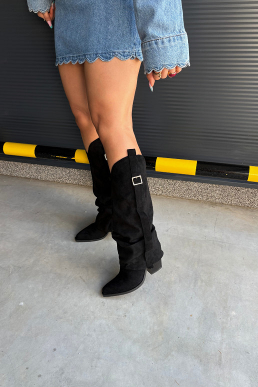 Black women's knee-high boots with heels and buckles Caster
