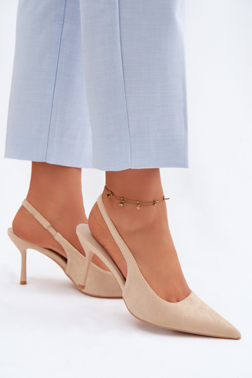Sand-colored women's sandals with thin heels made of faux suede Kevina