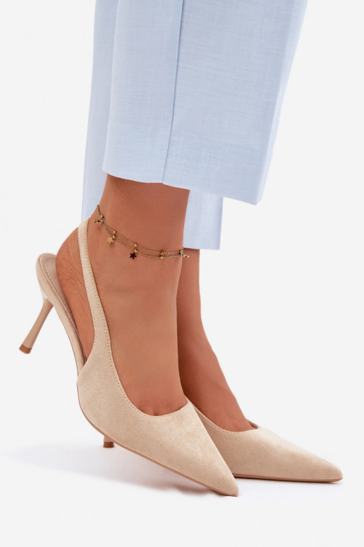 Sand-colored women's sandals with thin heels made of faux suede Kevina
