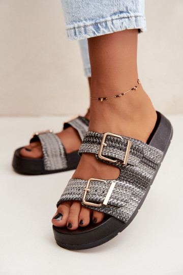 Gold women's slippers with buckles and platform in black Meretta