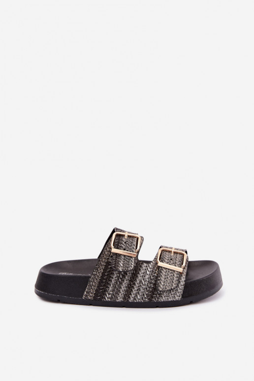 Gold women's slippers with buckles and platform in black Meretta