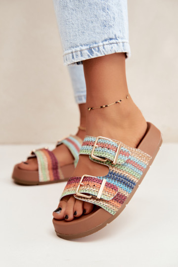 Gold women's slippers with buckles and platform in various colors Meretta