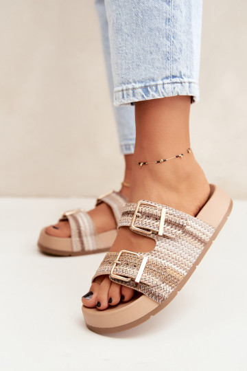 Gold women's slippers with buckles and platform in sand and brown Meretta 2