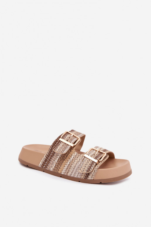 Gold women's slippers with buckles and platform in sand and brown Meretta