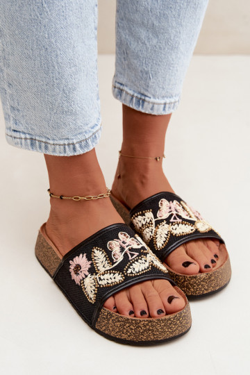 Black women's platform slippers with decoration Ledina