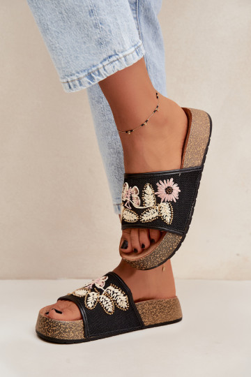 Black women's platform slippers with decoration Ledina 2