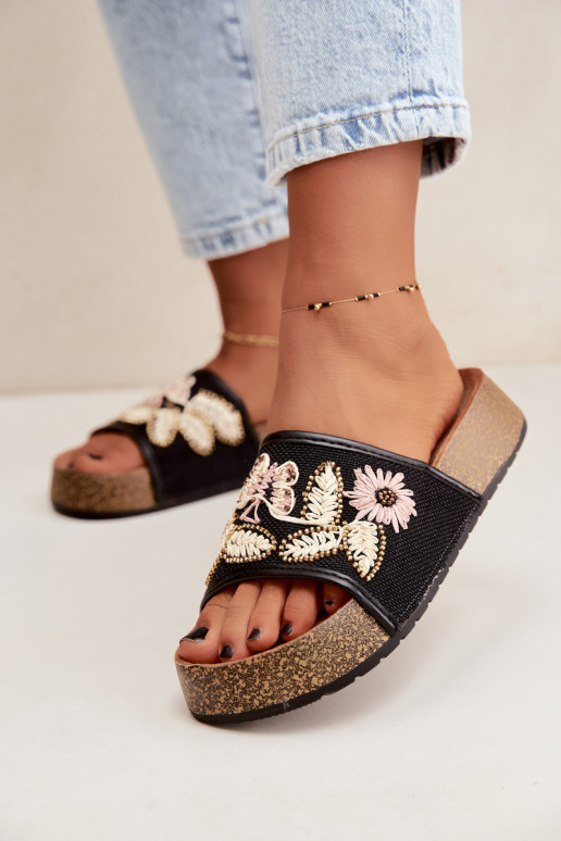 Black women's platform slippers with decoration Ledina