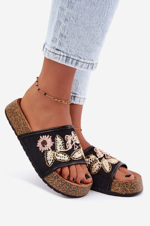 Black women's platform slippers with decoration Ledina