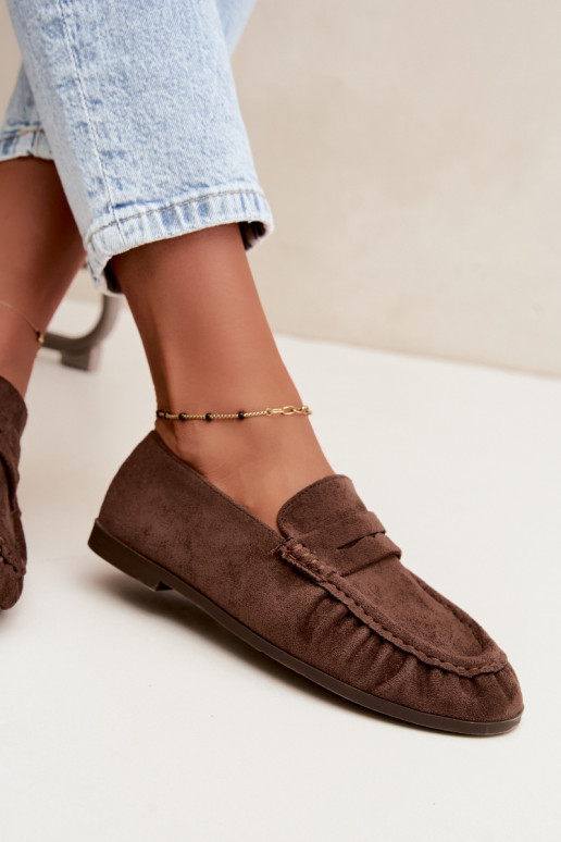 Women's moccasins with ruffles made of faux suede in brown color Sabley