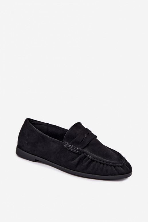 Women's moccasins with ruffles made of faux suede in black color Sabley
