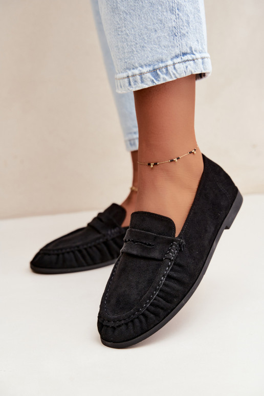 Women's moccasins with ruffles made of faux suede in black color Sabley
