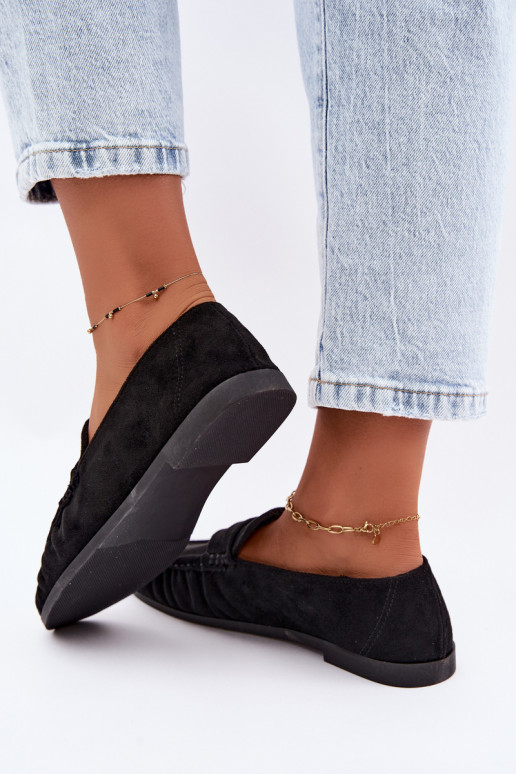 Women's moccasins with ruffles made of faux suede in black color Sabley