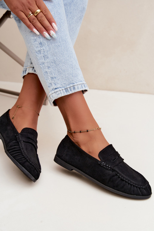 Women's moccasins with ruffles made of faux suede in black color Sabley