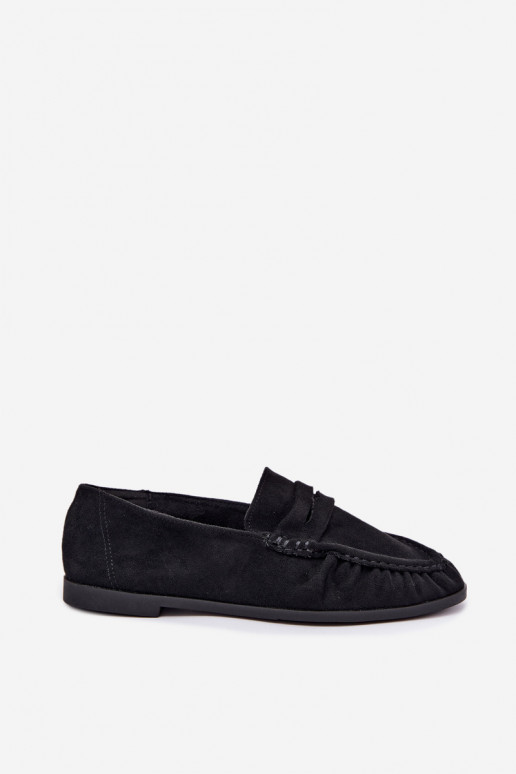 Women's moccasins with ruffles made of faux suede in black color Sabley