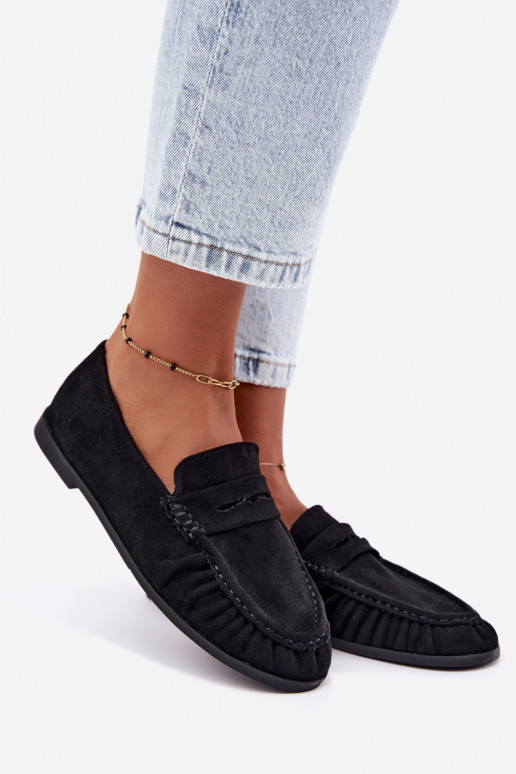 Women's moccasins with ruffles made of faux suede in black color Sabley