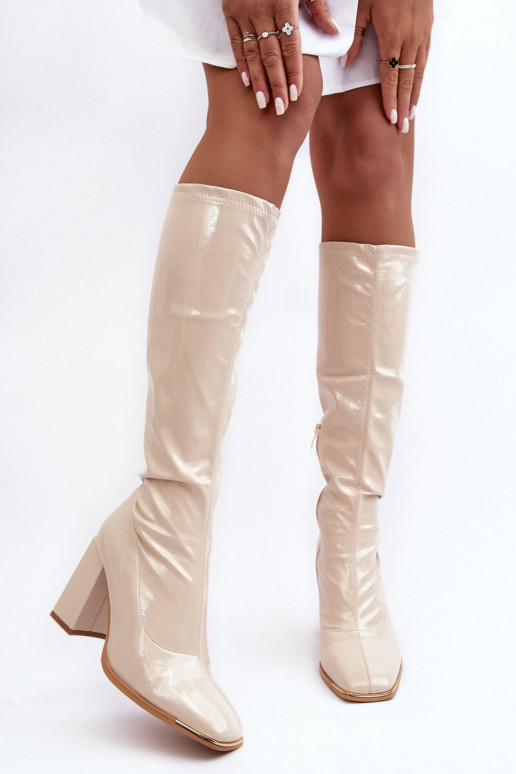 Sand-colored knee-high boots with heels and patent effect Mlokva