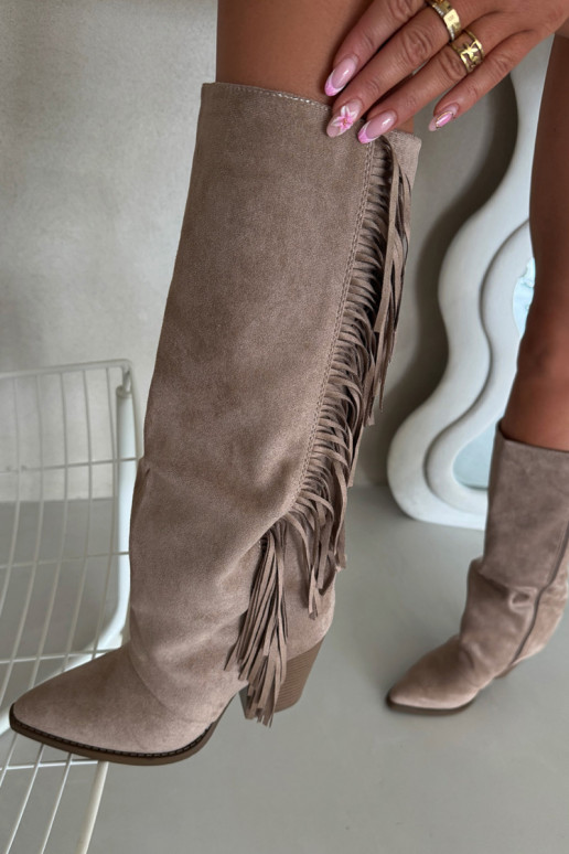 Sand-colored cowboy-style knee-high boots with heels and fringes Tivara