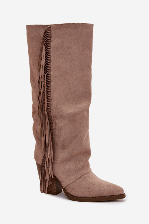 Sand-colored cowboy-style knee-high boots with heels and fringes Tivara