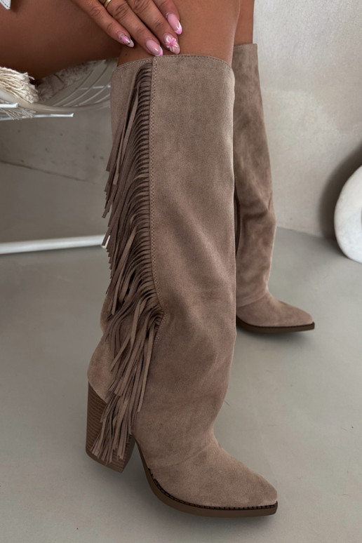 Sand-colored cowboy-style knee-high boots with heels and fringes Tivara
