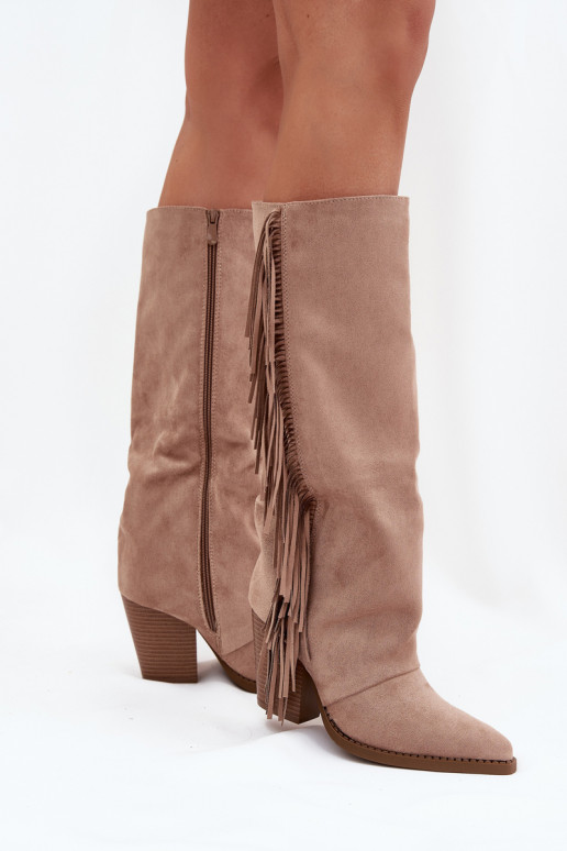 Sand-colored cowboy-style knee-high boots with heels and fringes Tivara