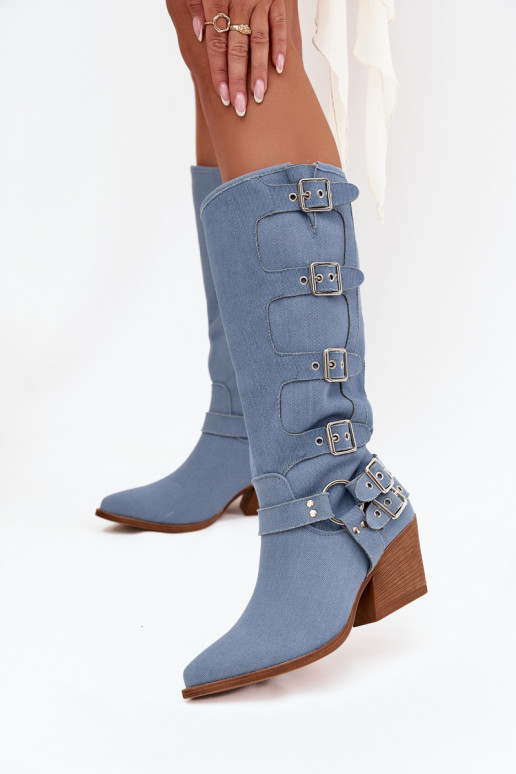 Denim cowboy-style knee-high boots with heels and buckles Fivelle