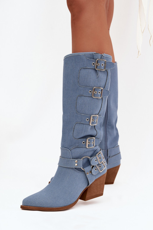 Denim cowboy-style knee-high boots with heels and buckles Fivelle