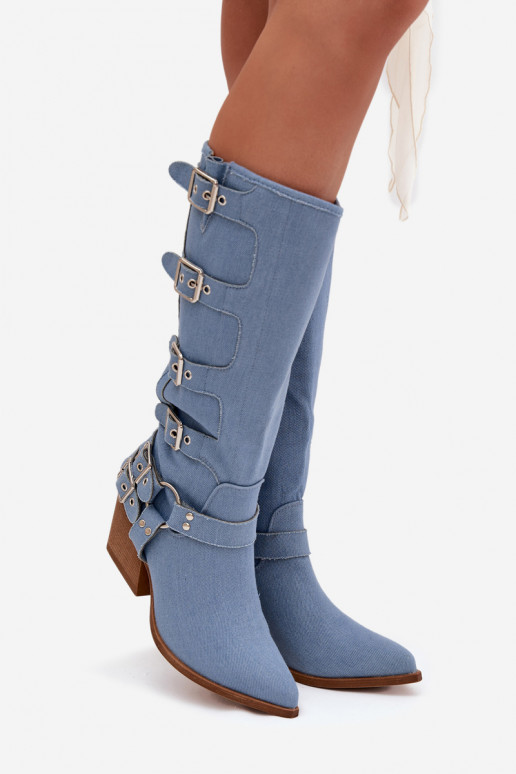 Denim cowboy-style knee-high boots with heels and buckles Fivelle