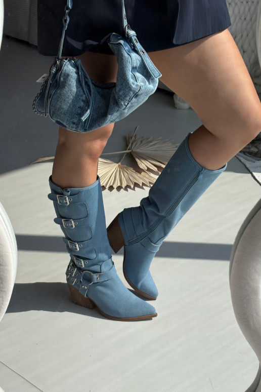 Denim cowboy-style knee-high boots with heels and buckles Fivelle