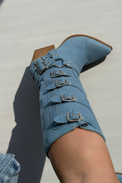Denim cowboy-style knee-high boots with heels and buckles Fivelle