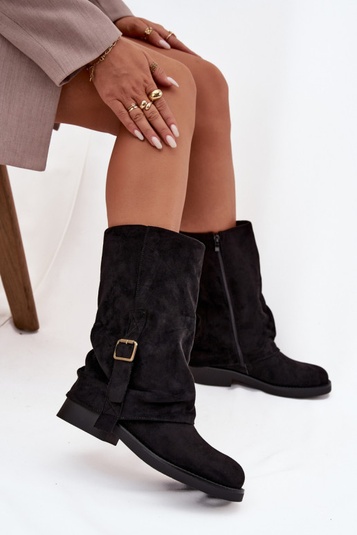 Czarne botki damskie z klamrami do połowy łydki Minelle