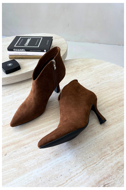Women's ankle boots on a slim heel with pointed toe in brown color Bessia