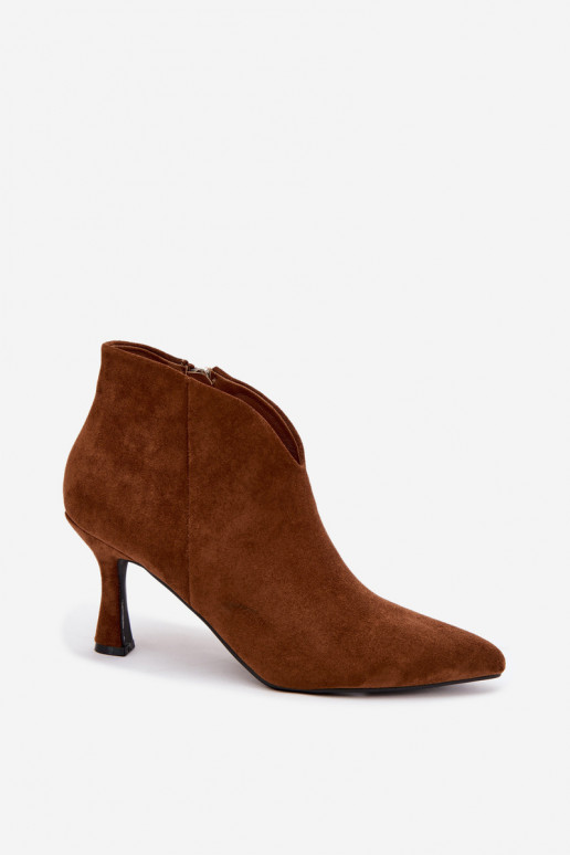 Women's ankle boots on a slim heel with pointed toe in brown color Bessia
