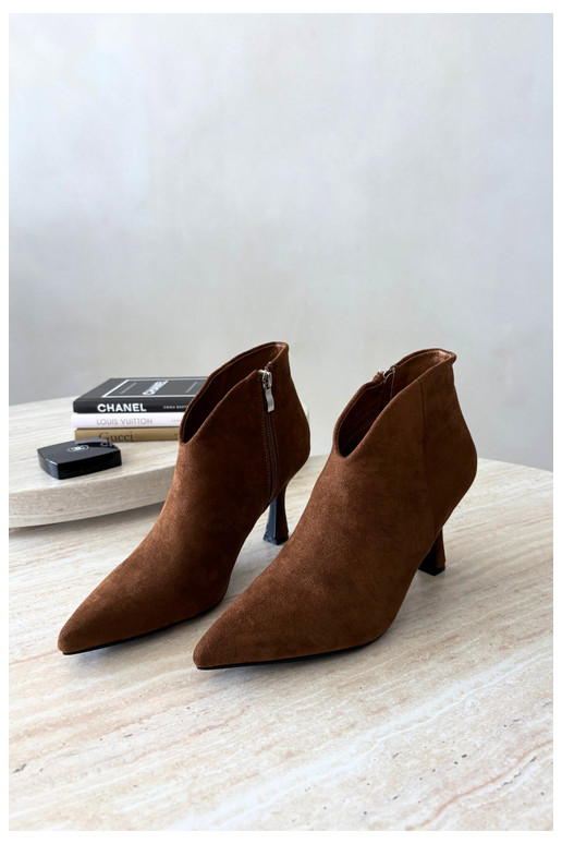 Women's ankle boots on a slim heel with pointed toe in brown color Bessia